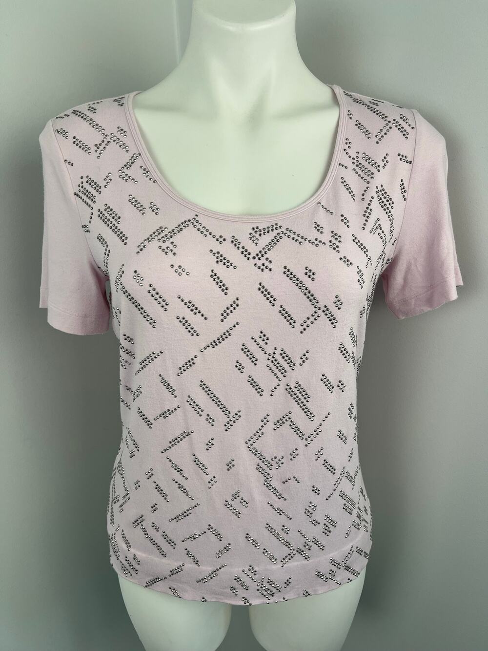 Women's St.John Pink Embellished Rhinestone Studded Short Sleeve Blouse Small